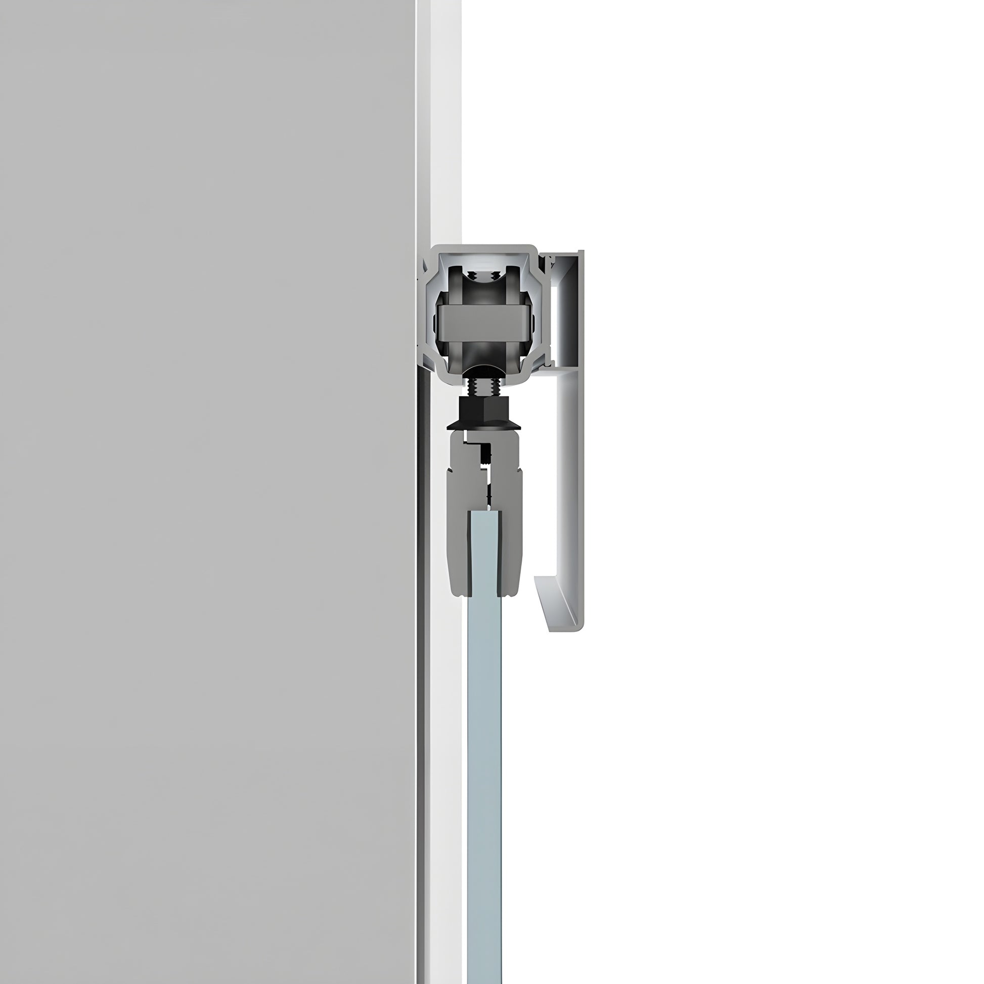 CRL70 satin-anodized top-hung sliding door kit, 118" track with tempered blue glass panel.
