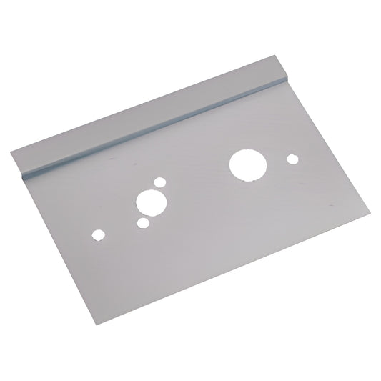 Brushed stainless steel center lock latch guard LG610RBS, 6 10 in plate with multiple cutouts for DL610 lock.