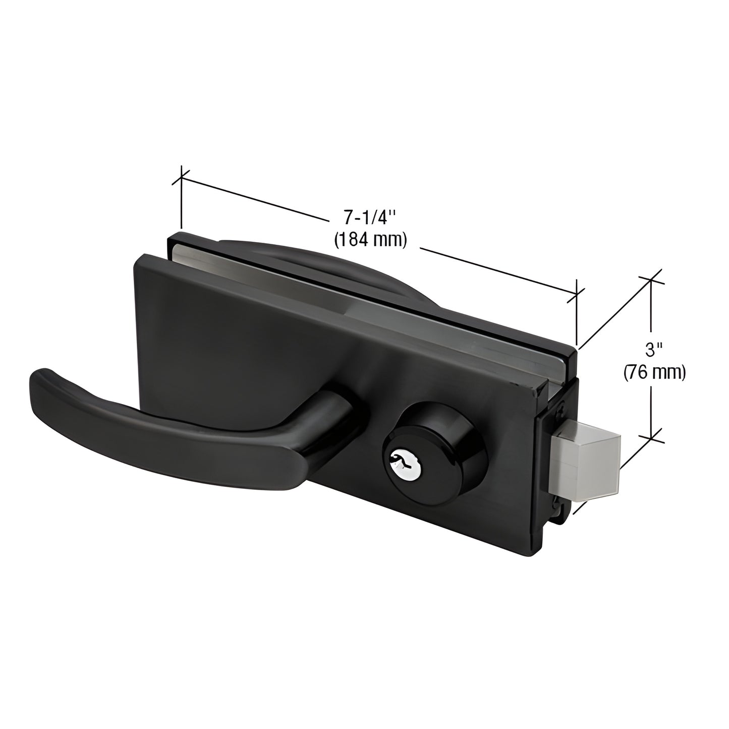 Matte black AMR900MBL glass-mounted latch with lever and keyed cylinder for 3/8-1/2" frameless glass doors, 7-1/4" 3".