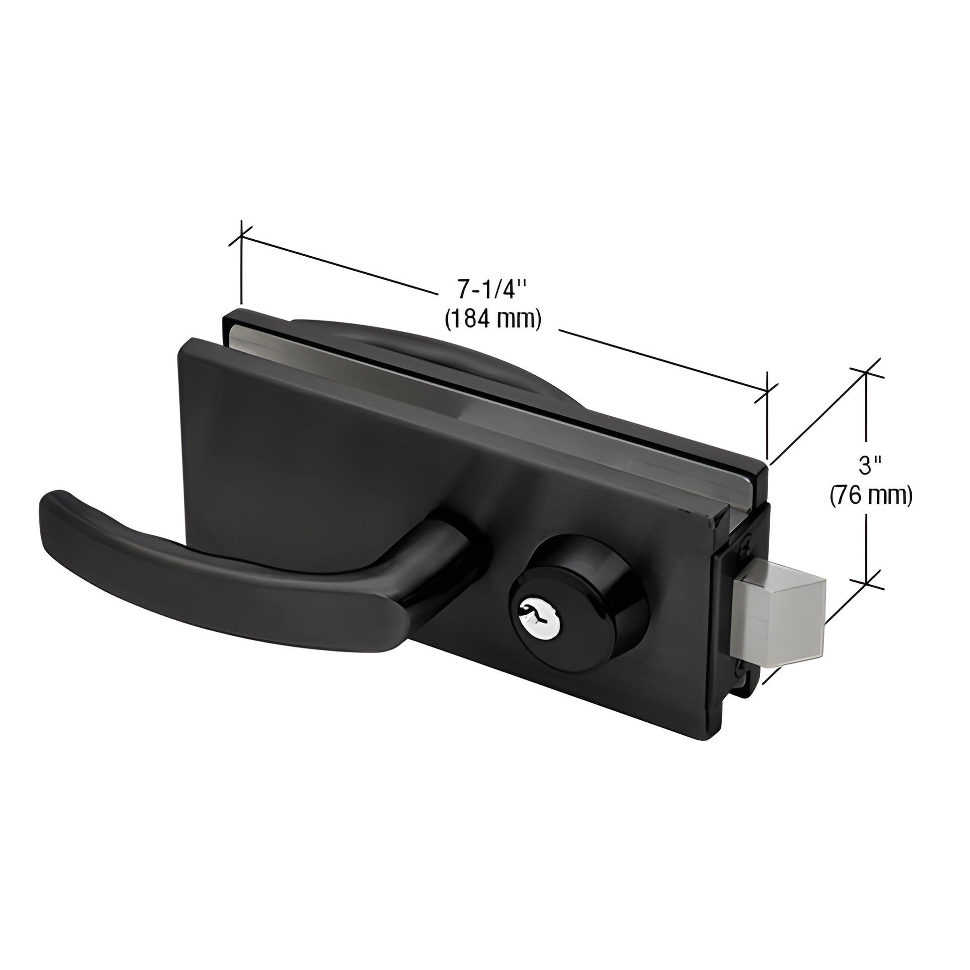 Matte black AMR900MBL glass-mounted latch with lever and keyed cylinder for 3/8-1/2" frameless glass doors, 7-1/4" 3".