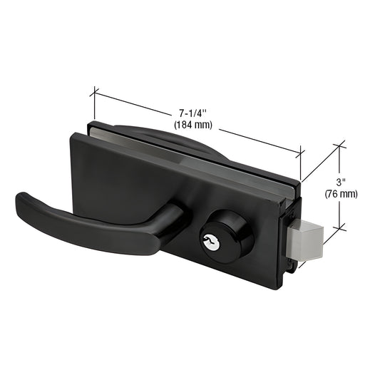 Matte black AMR900MBL glass-mounted latch with lever and keyed cylinder for 3/8-1/2" frameless glass doors, 7-1/4" 3".