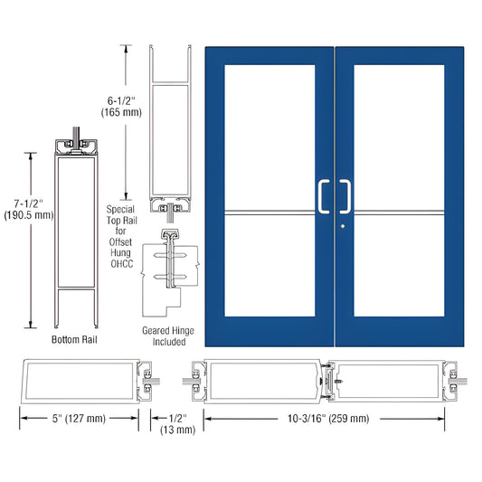 SKU HE52971: blue custom wide-stile double entrance door with large glass panels, 5" stiles and 7-1/2" bottom rail.