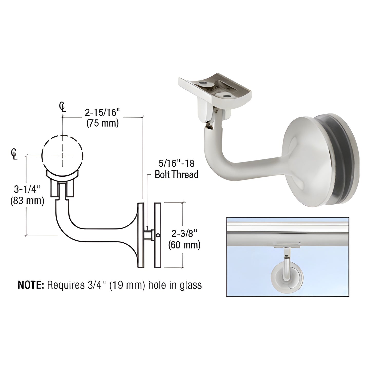 HR20GABS brushed stainless steel glass-mounted adjustable handrail bracket for 1.9-2 in tubing; 3/4 in glass hole required