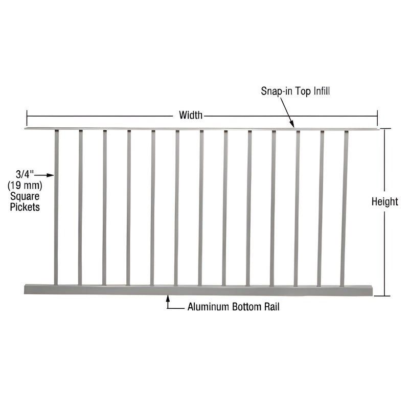 CRL P6048S silver metallic aluminum picket panel with 13 square pickets, snap in top infill and bottom rail, fits 60 48 in.