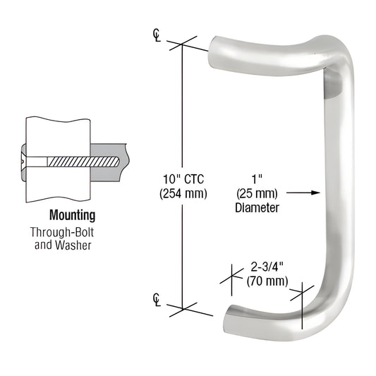 CD10PS polished stainless tubular offset single-sided door pull handle, 10" center-to-center, 1" dia, 2-3/4" projection.