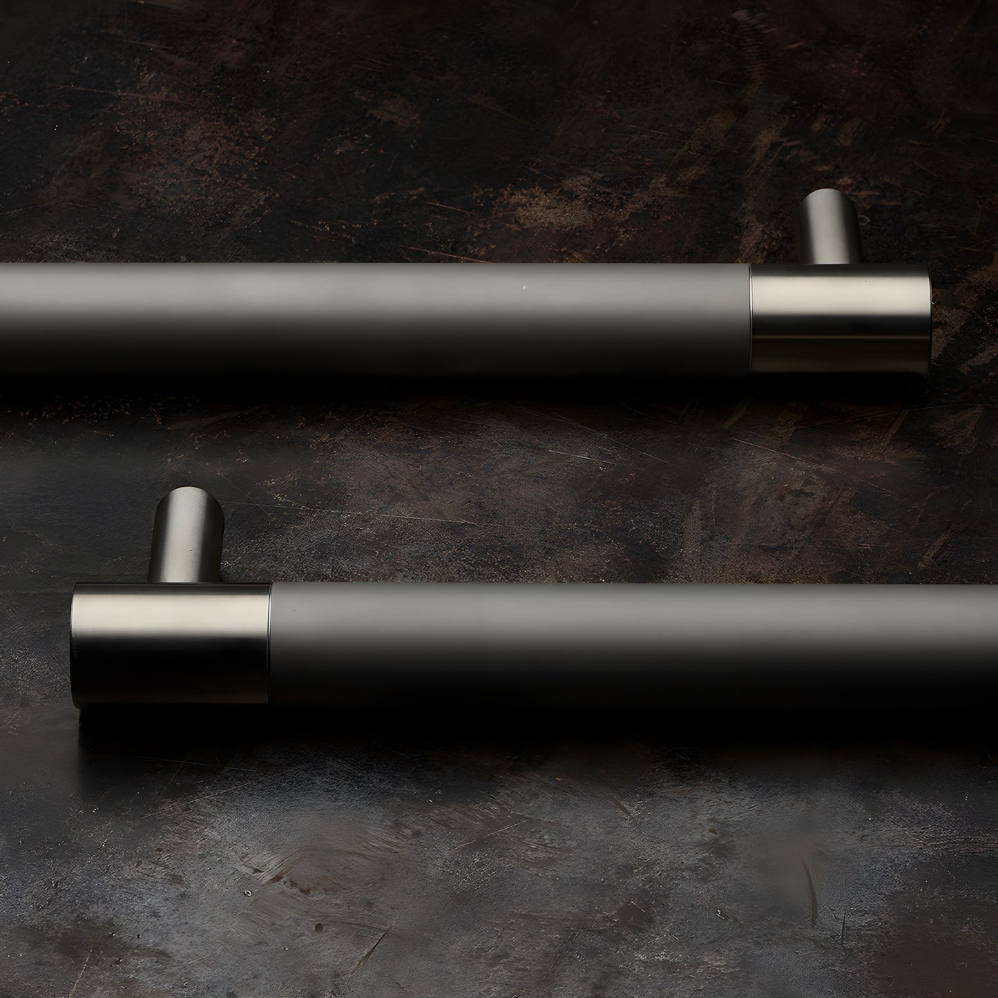 Black stainless double-sided 24" surface-mounted sign standoff pair, cylindrical posts with horizontal mounting bar.