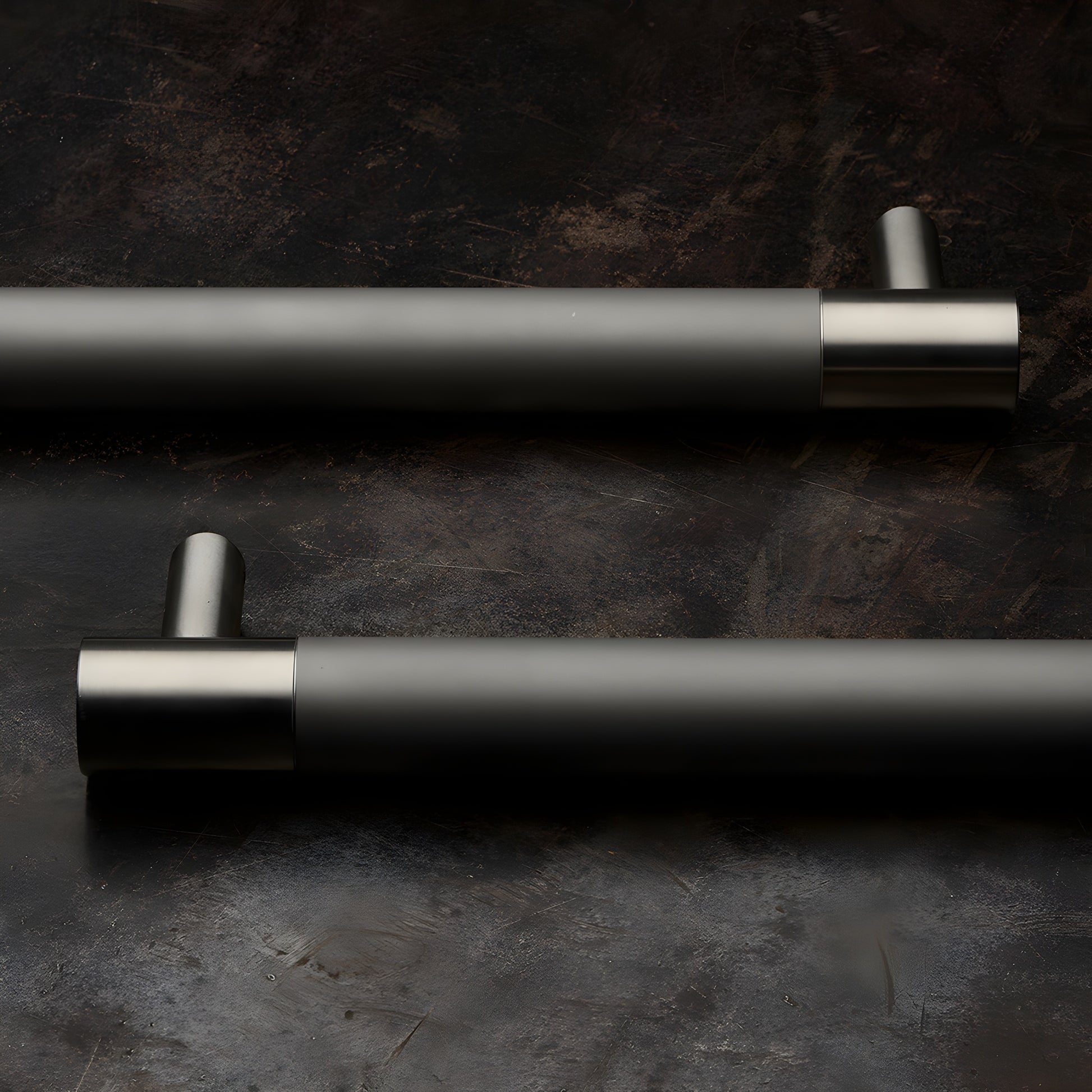 Black stainless double-sided 24" surface-mounted sign standoff pair, cylindrical posts with horizontal mounting bar.