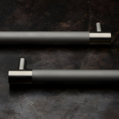 Black stainless double-sided 24" surface-mounted sign standoff pair, cylindrical posts with horizontal mounting bar.