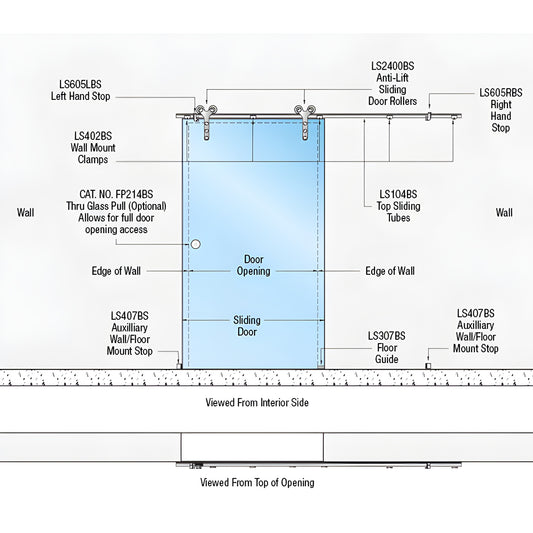 LSWM25BS wall-mount single-slider kit diagram: brushed stainless top track, anti-lift double rollers, tempered glass door.
