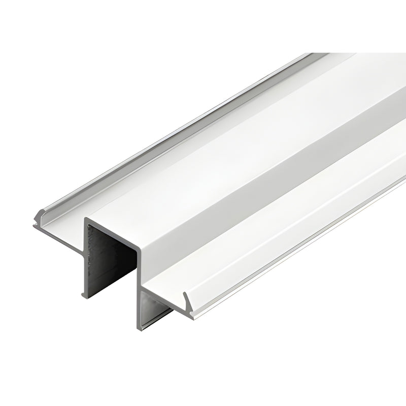Sky White aluminum glass top rail infill (SKU WDFGLSW) that snaps under wood top rails; fits 1/4-1/2" (6-12 mm) tempered glas