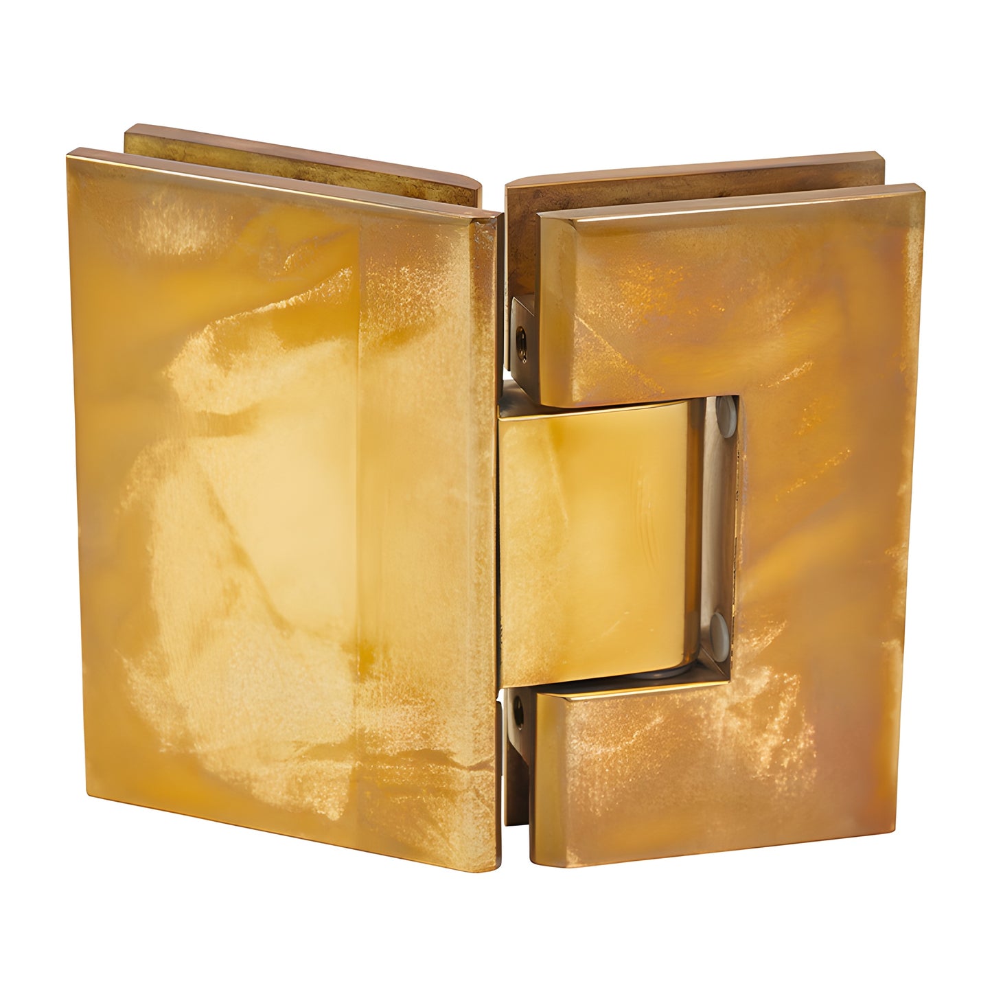 Unlacquered brass squared Vienna glass-to-glass hinge, 135 pivot for 3/8-1/2 shower glass (SKU V1E045ULBR)