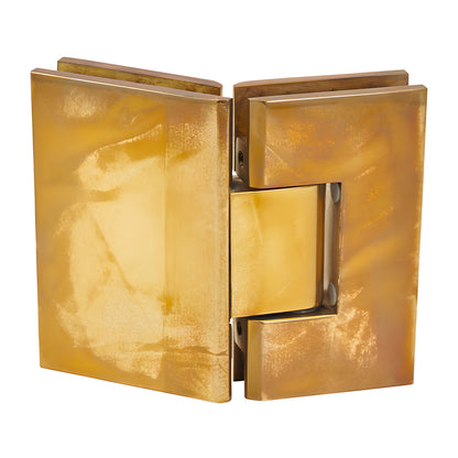 Unlacquered brass squared Vienna glass-to-glass hinge, 135 pivot for 3/8-1/2 shower glass (SKU V1E045ULBR)