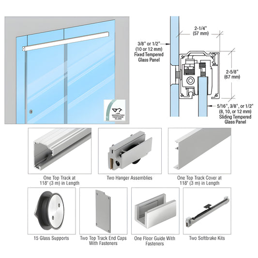 CRL28510G satin anodized single sliding glass door kit for 3/8 or 1/2" tempered glass; 118" track, hangers, floor guide, soft