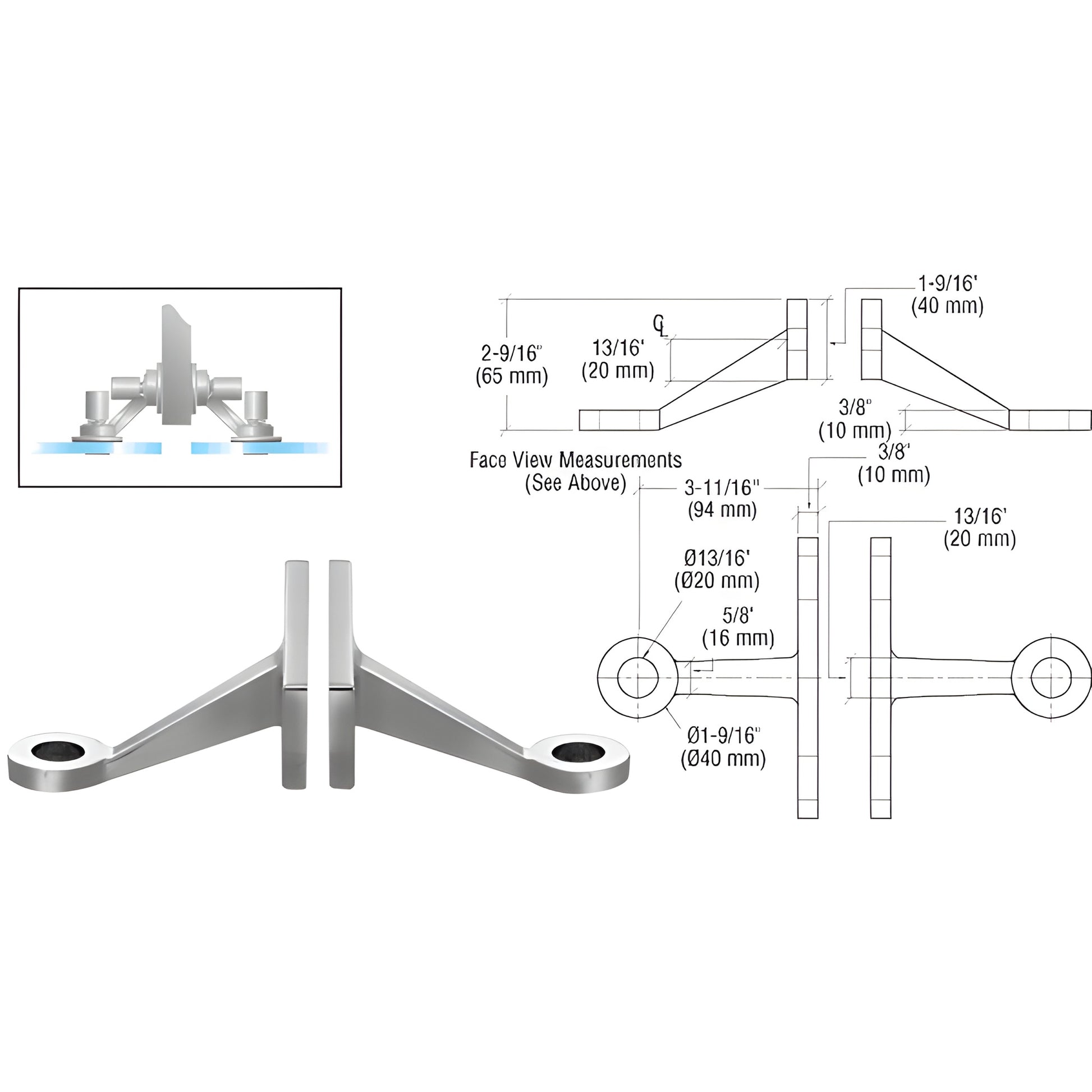 CRL FMH2BS stainless steel double-arm fitting for two inline glass panels; mounts to structural fin, fits up to 27mm glass.