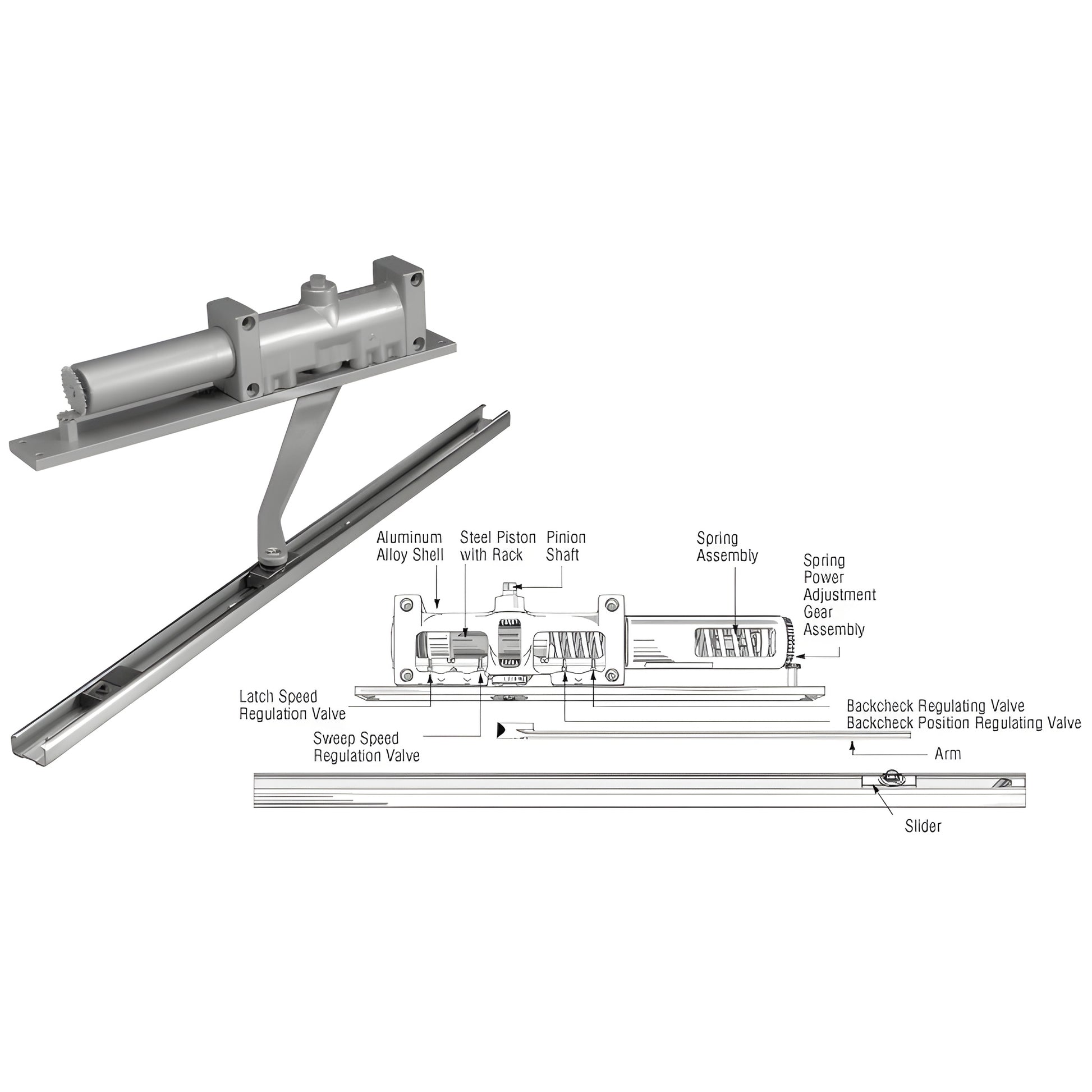 Norton 7900 overhead concealed door closer, aluminum finish, visible arm and slide track with technical diagram.