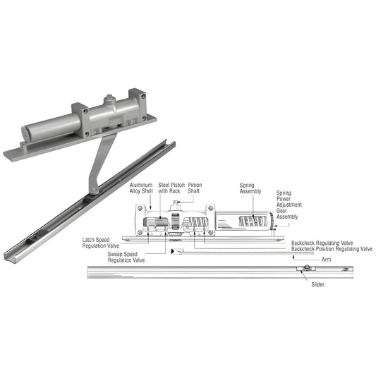 Norton 7900 overhead concealed door closer, aluminum finish, visible arm and slide track with technical diagram.