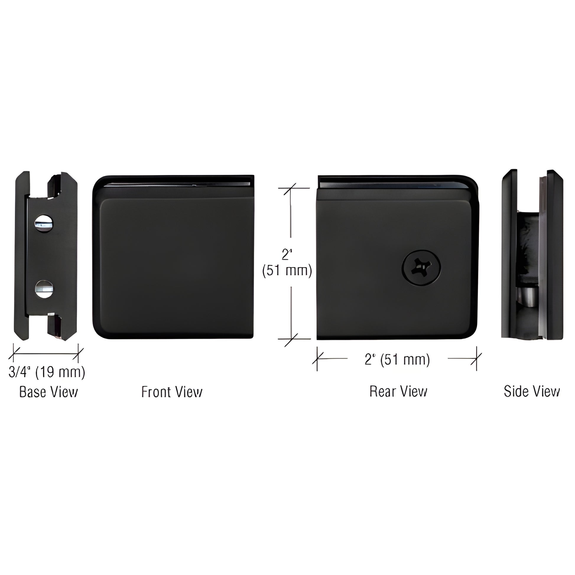 Matte black beveled brass wall-mount clamp BGCU1MBL for 3/8-1/2" glass, shown front/rear/side/base, 2" square.