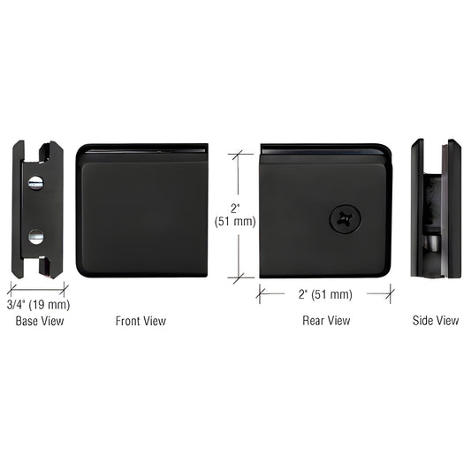 Matte black beveled brass wall-mount clamp BGCU1MBL for 3/8-1/2" glass, shown front/rear/side/base, 2" square.