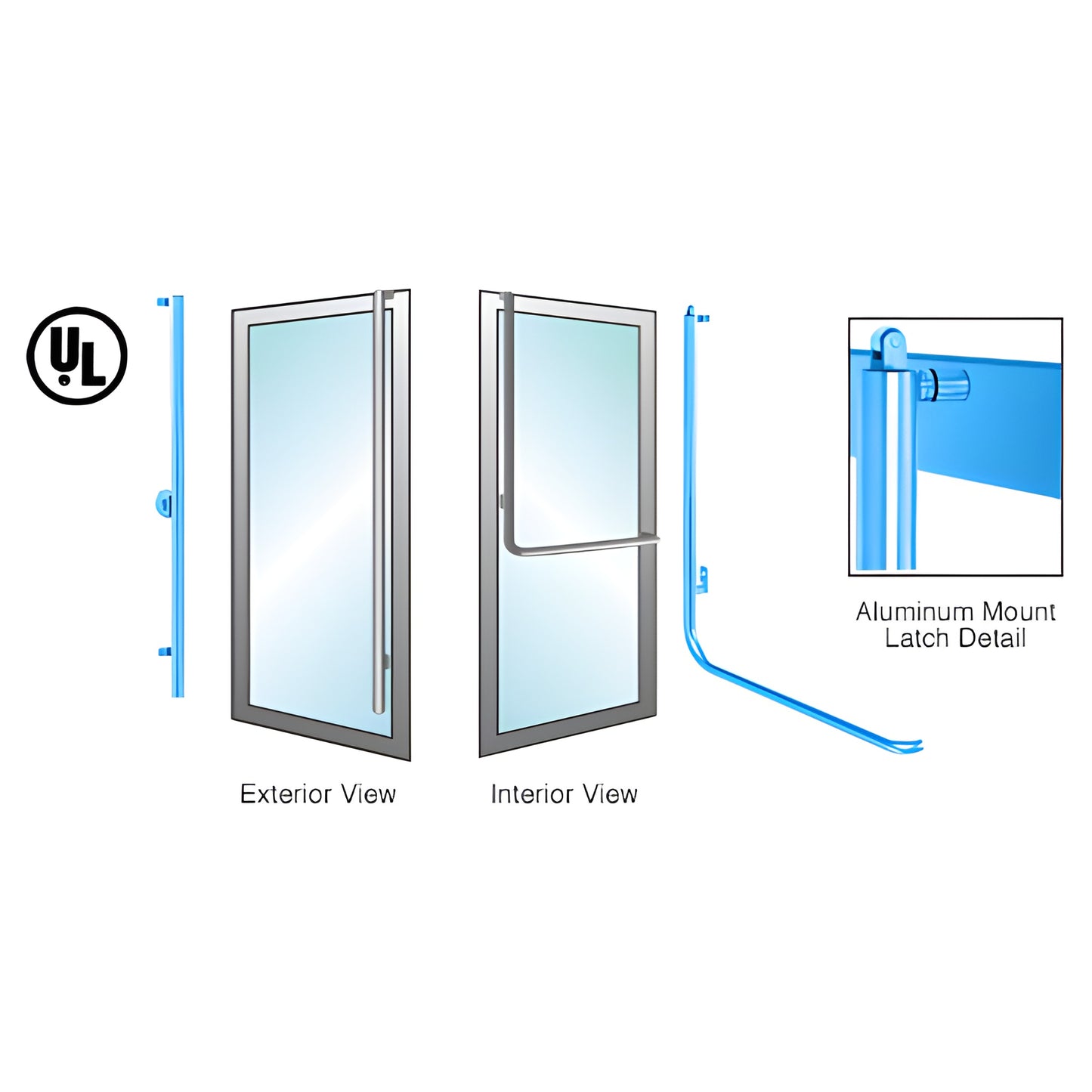 PA100FS4AKPT tubular panic handle, 1-1/4" stainless steel for 1/2-3/4" glass doors, exterior and interior views