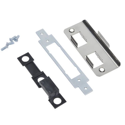 DH45100 satin stainless steel non-handed lock strike kit with mounting plate, dust box and screws