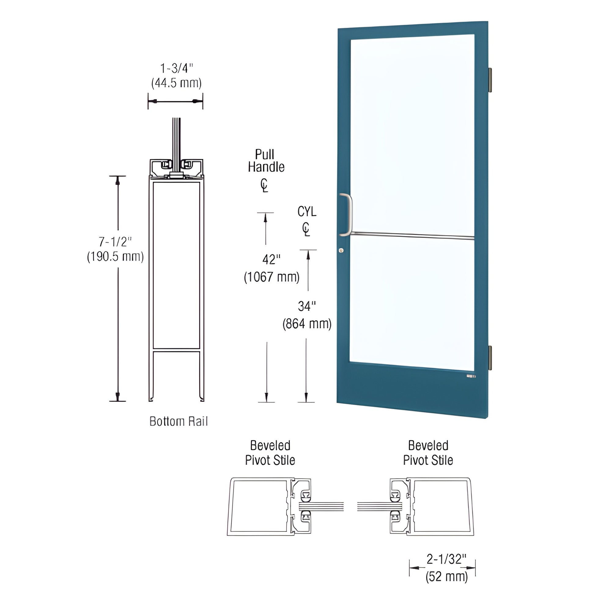 Custom narrow-stile commercial entrance door with blue Kynar frame, glass, push/pull handle, bottom rail - SKU HE21571