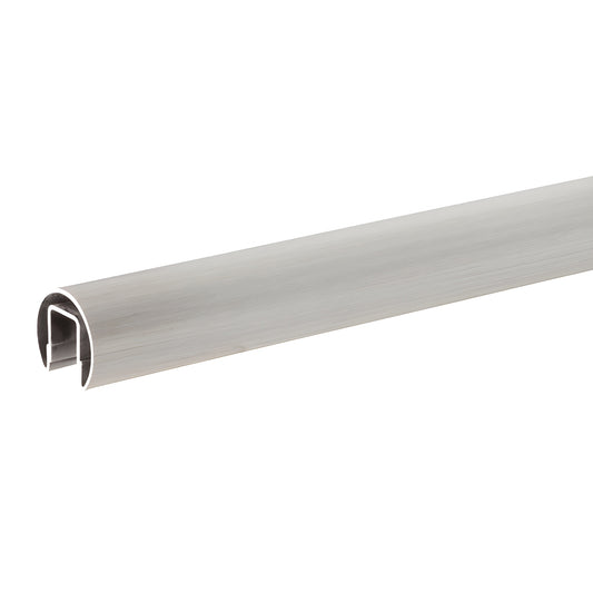 GR15BS14 brushed stainless steel round cap rail, 1-1/2 in dia, 168 in length, 5/16 in depth, internal channel