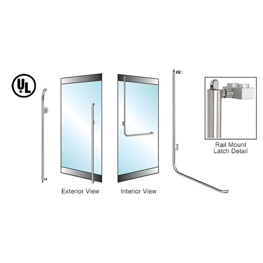 PA100M4RKBS brushed stainless tubular panic rail-mount handle for 1 2-3 4 tempered glass doors, left-hand reverse