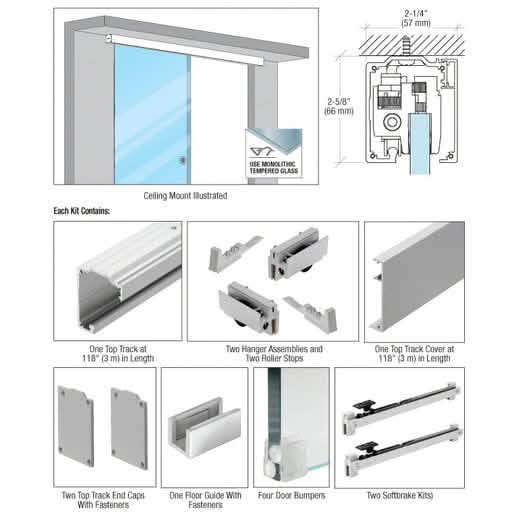 CRL285 Series Satin Anodized Single Slider Kit for Tempered Glass, 3/8 & 1/2 Inch