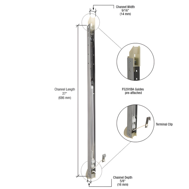CRL FA2640G channel sash balance 27" long, 9/16" wide, 5/8" deep with FS291BA guides pre-attached and terminal clip.