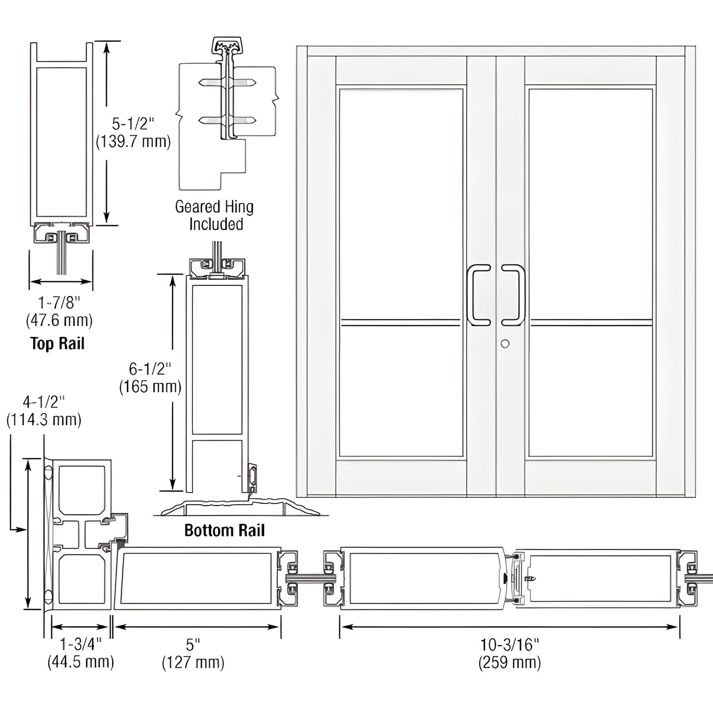 DC92852 Durafront WS double commercial entrance door line drawing, White Kynar finish, includes active/inactive leaf.