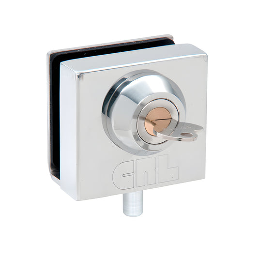 Polished chrome CRL slip-on cabinet glass lock with spring plunger and key, fits 1/2" glass (SKU 03P12)