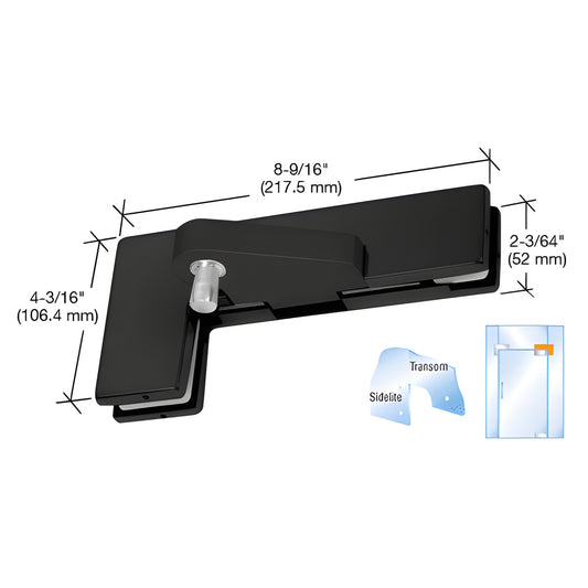 Matte black CRL sidelite-mounted transom offset patch fitting (SKU 0PF40RMBL) for 3/8-1/2" glass, allows 180 swing