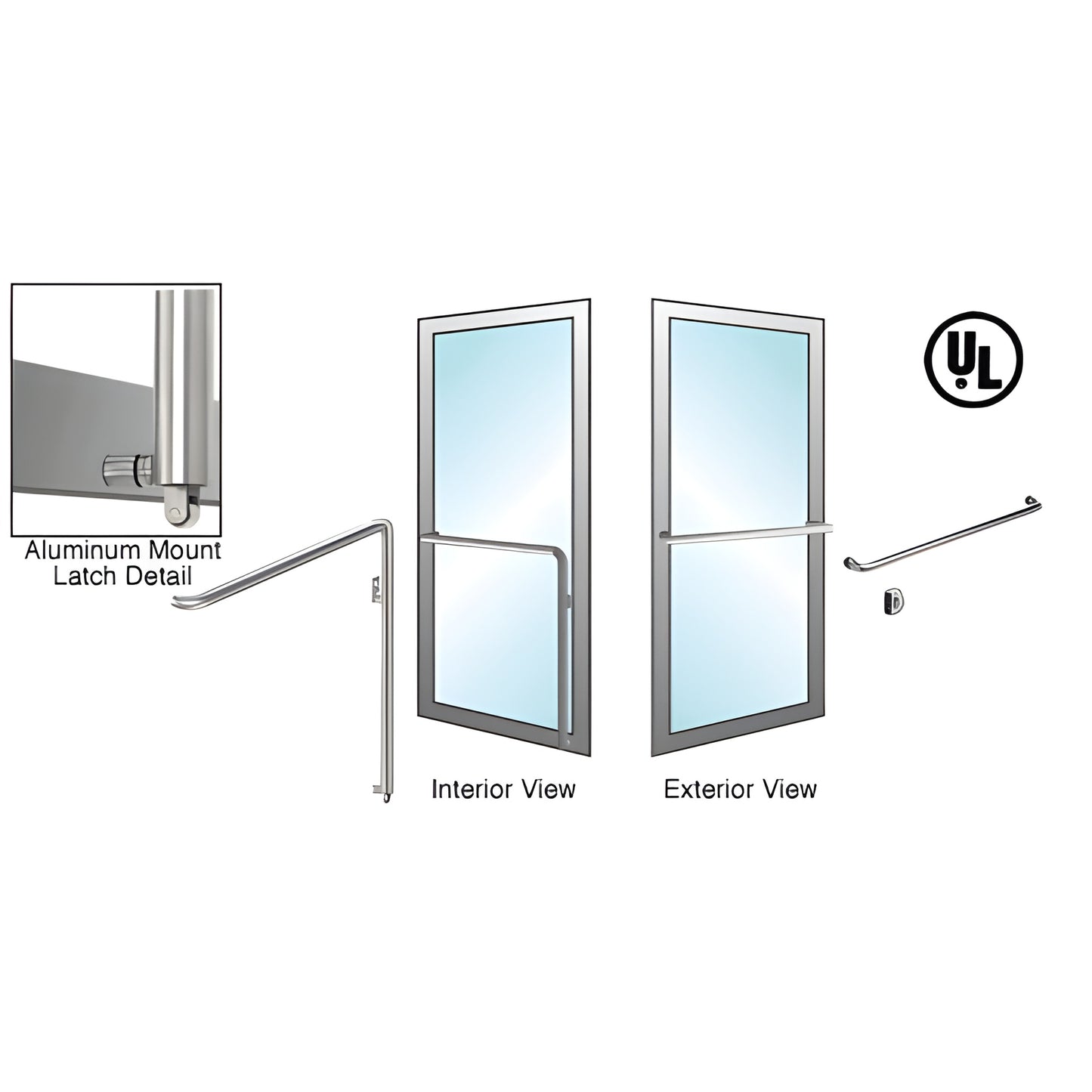 Brushed stainless PA110 panic handle for commercial glass doors, interior push bar with exterior pull, aluminum mount.