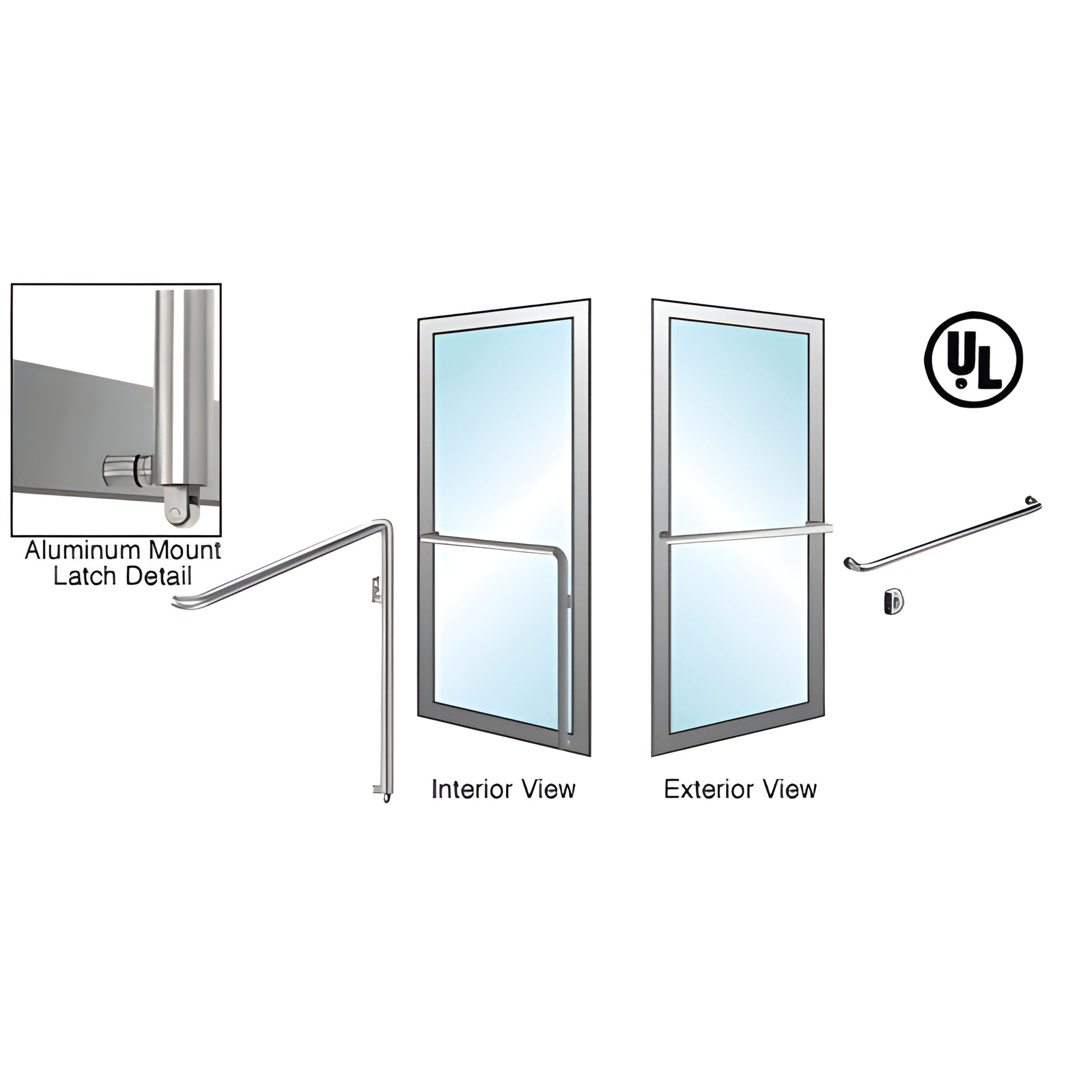 Brushed stainless PA110 panic handle for commercial glass doors, interior push bar with exterior pull, aluminum mount.