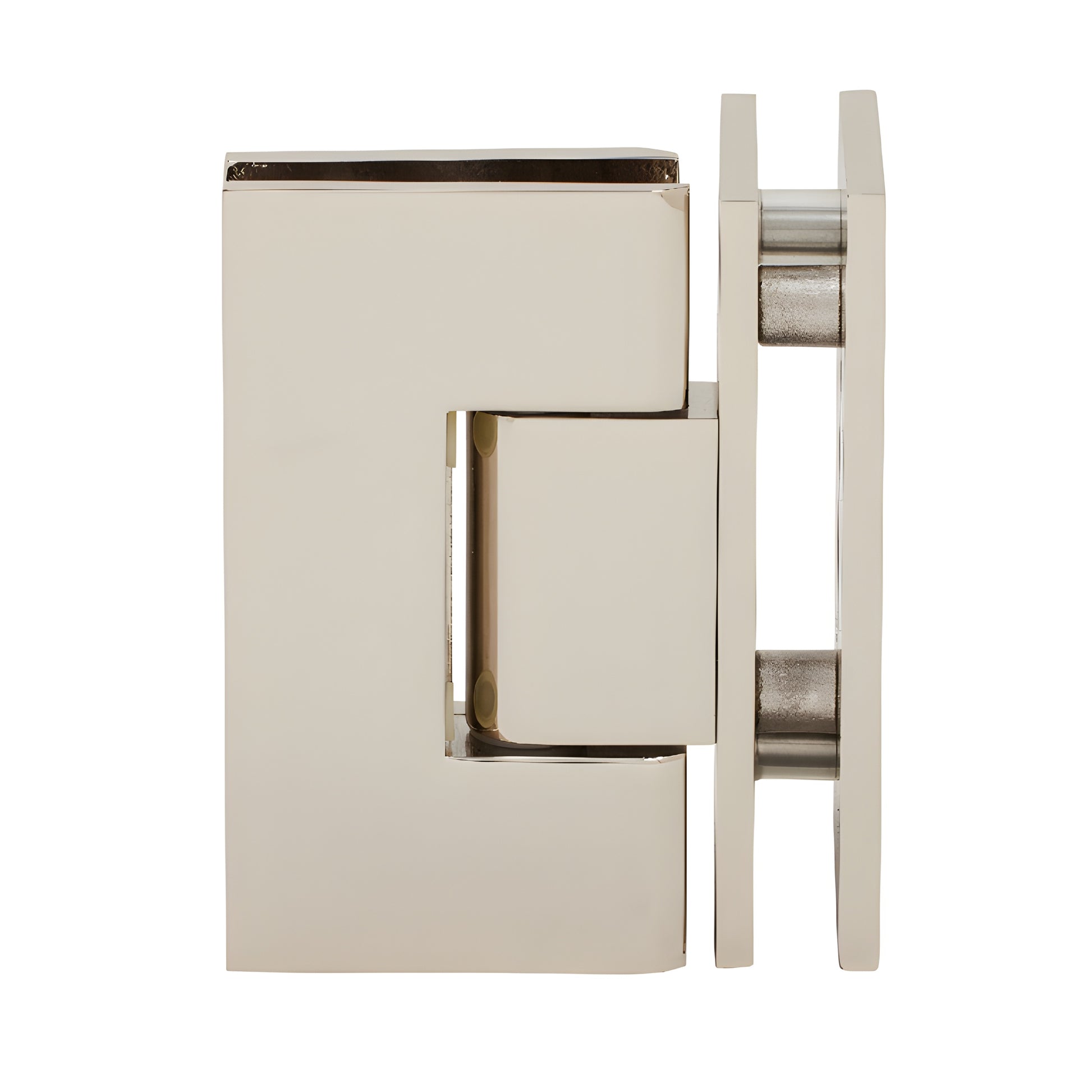 Polished nickel square Vienna glass-to-glass shower hinge for 3/8-1/2" glass, self-centering - SKU V1E092PN