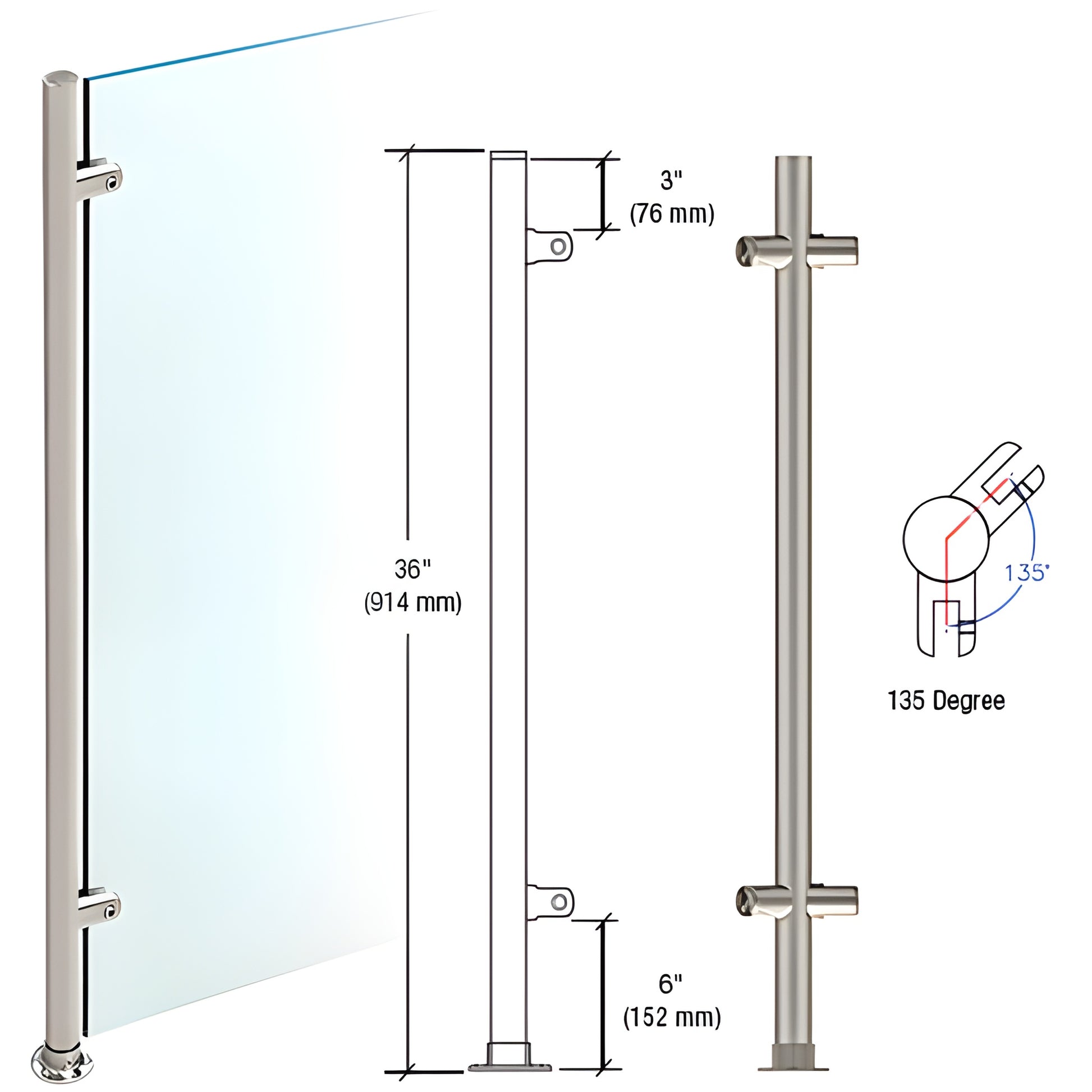 PP59ABS 36" brushed stainless slimline 1" dia partition post, 135 corner, fits 3/8" (10mm) glass