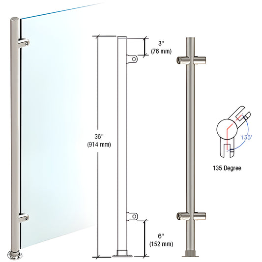 PP59ABS 36" brushed stainless slimline 1" dia partition post, 135 corner, fits 3/8" (10mm) glass
