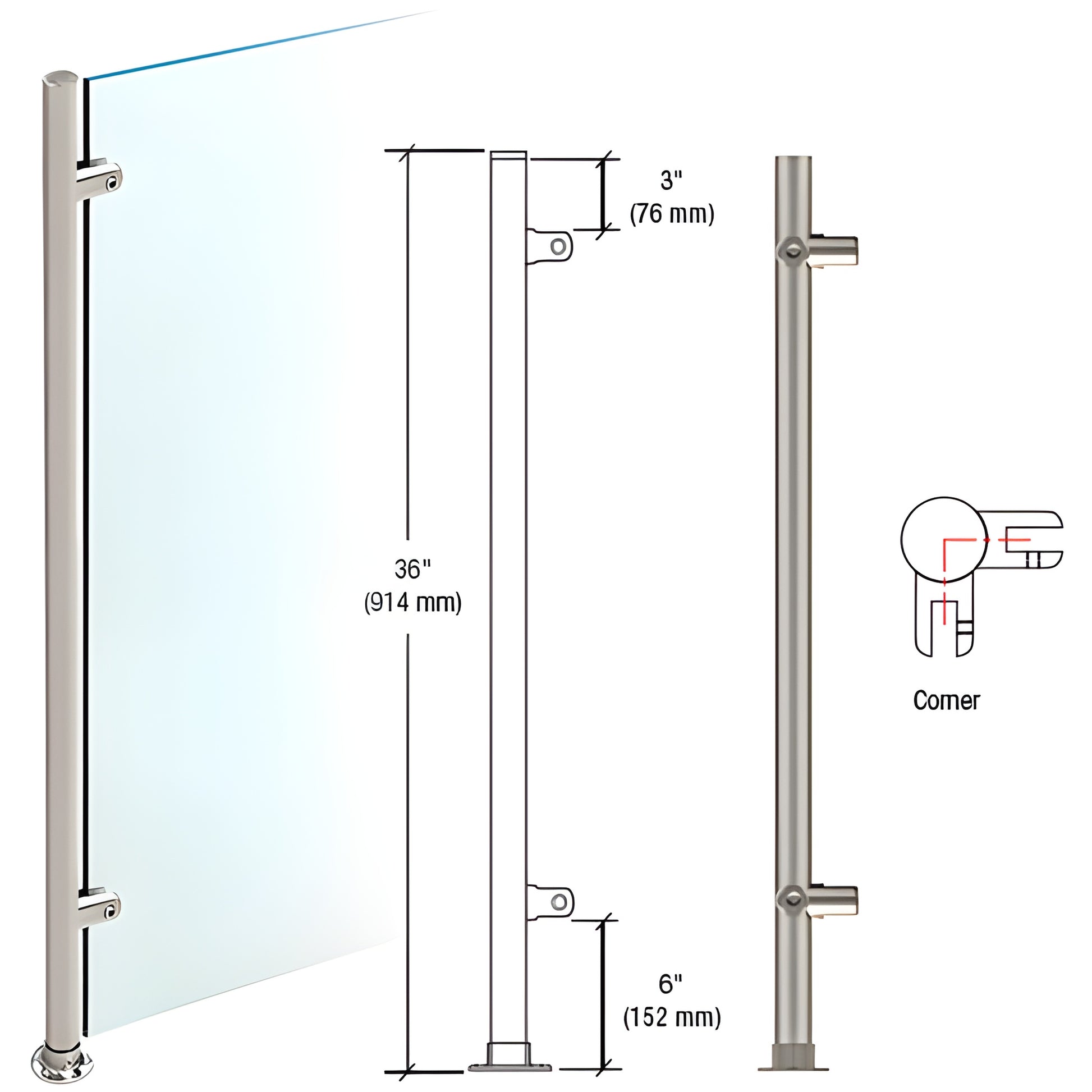 PP59LBS 36 in brushed stainless 90 corner Slimline partition post for 3/8 in (10 mm) glass, 1 in diameter