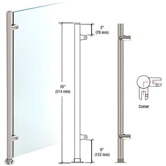 PP59LBS 36 in brushed stainless 90 corner Slimline partition post for 3/8 in (10 mm) glass, 1 in diameter