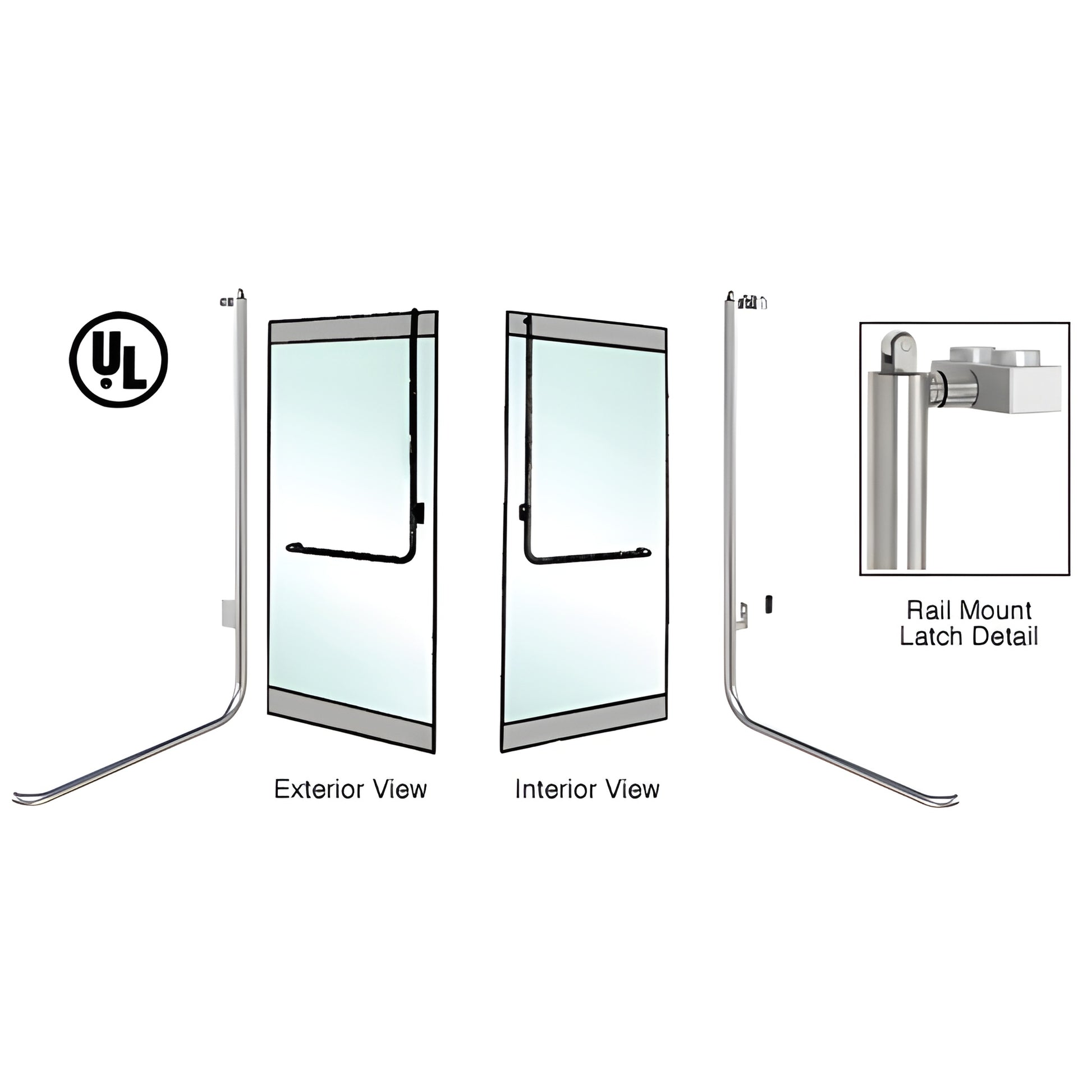 Brushed stainless steel PA100D4RPBS tubular panic rail-mount handle for 1/2-3/4 in. glass doors, left-hand reverse