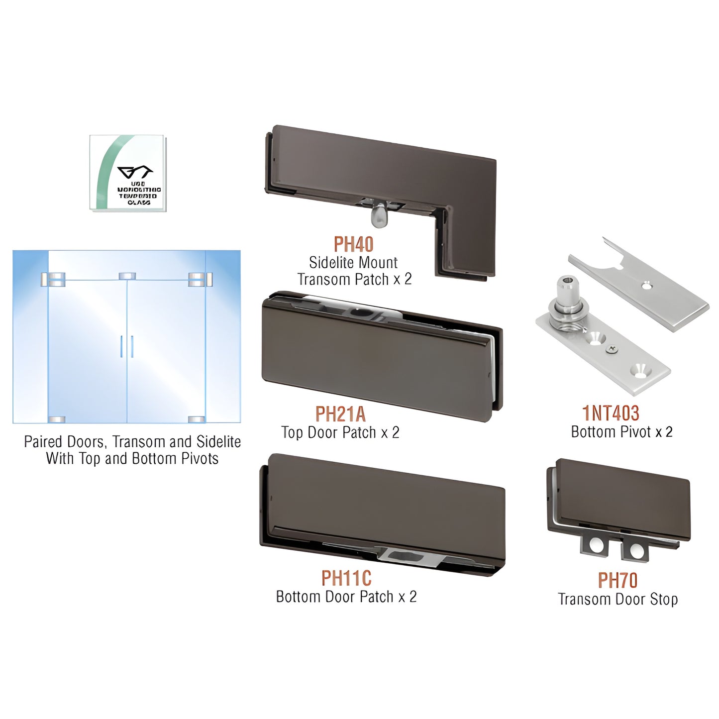 CRL PHE8DU black bronze European double door hardware kit for 3/8-1/2" tempered glass: pivots, top/bottom/transom patches
