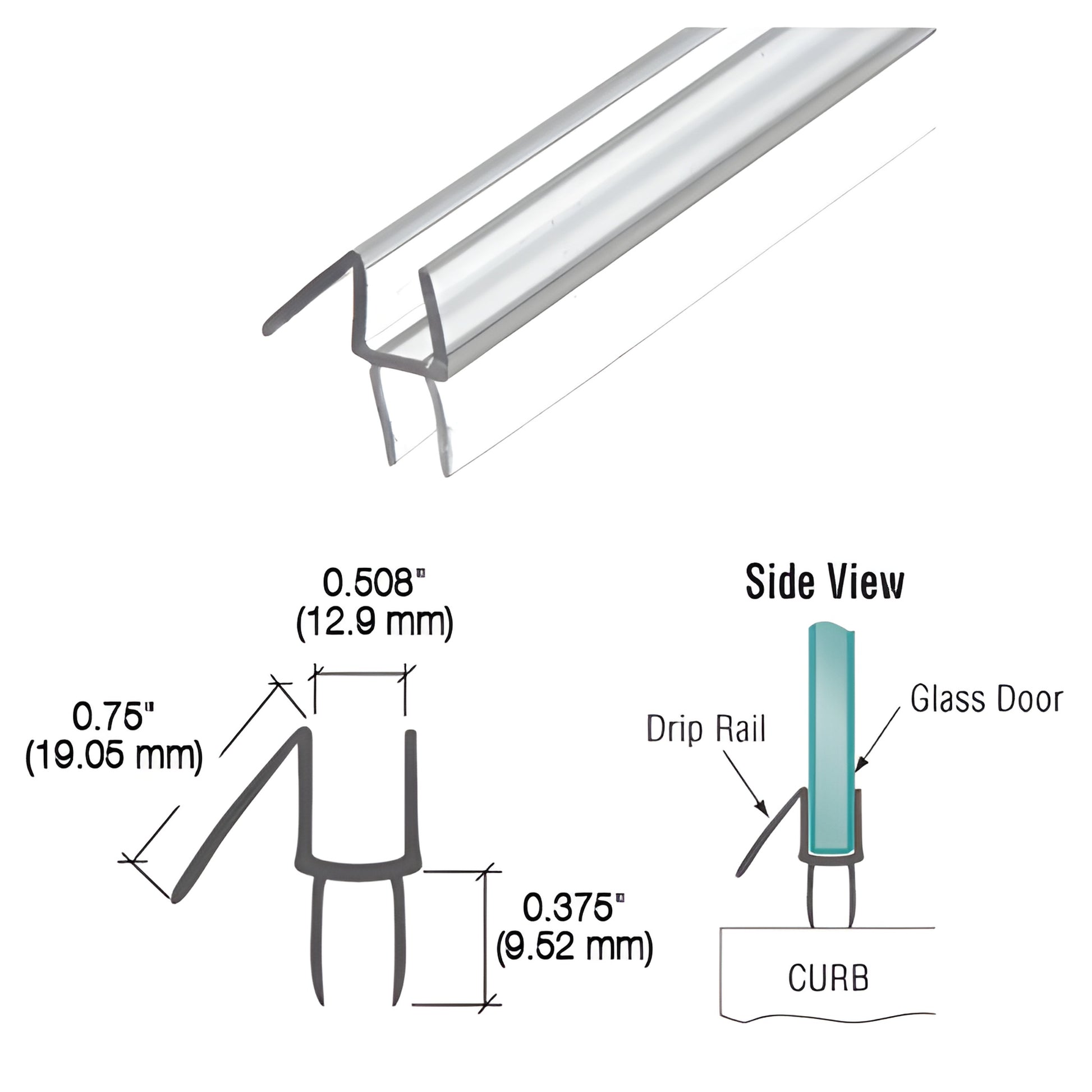 CRL P912WS clear polycarbonate shower door bottom wipe with 45 drip rail; snaps on, 95" long, for 12mm glass
