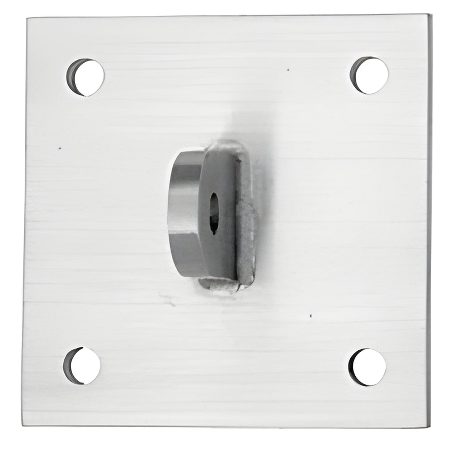 Square brushed stainless steel awning mounting plate with central welded bracket and four bolt holes - SKU AW9SQMBS