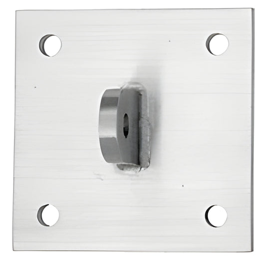 Square brushed stainless steel awning mounting plate with central welded bracket and four bolt holes - SKU AW9SQMBS