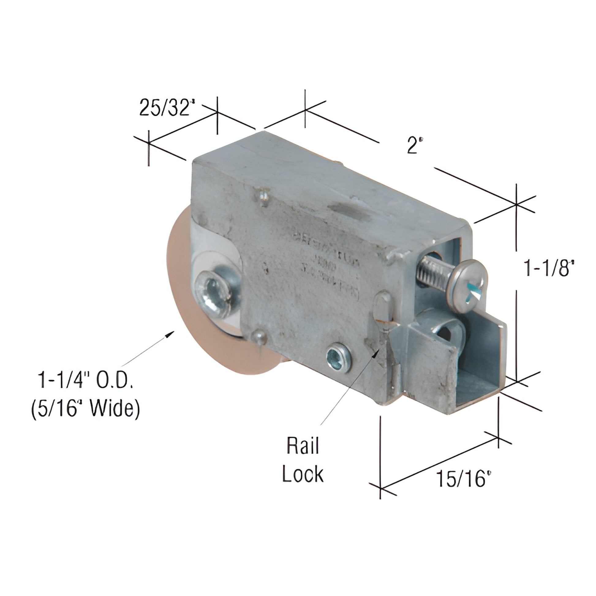 CRL D1842 adjustable patio door roller assembly, aluminum housing 15/16" wide, 1-1/4" concave steel roller
