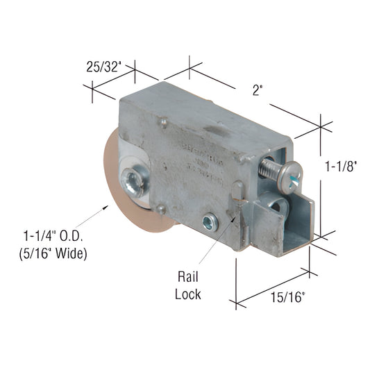 CRL D1842 adjustable patio door roller assembly, aluminum housing 15/16" wide, 1-1/4" concave steel roller