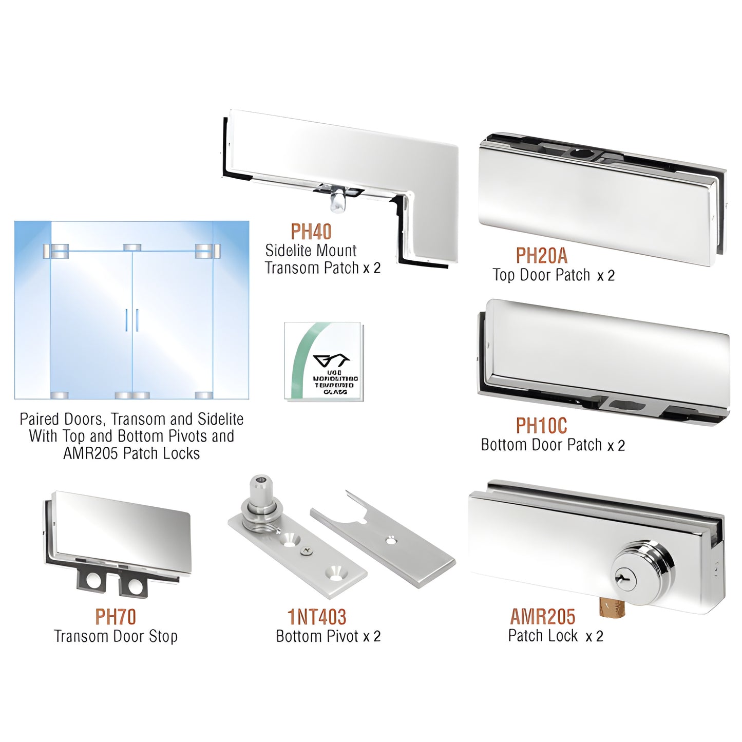 PHA8LPS polished stainless double-door patch kit for 3/8 or 1/2 in tempered glass; transom/sidelite mounts, pivots and patch