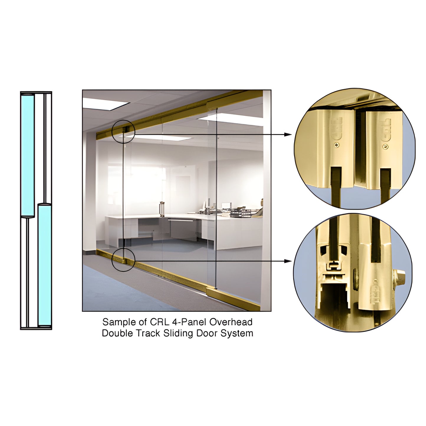 CRL 4-panel overhead double-track sliding glass door system, polished brass finish, flush-bottom, 10mm glazing (SKU 0TS22PB)