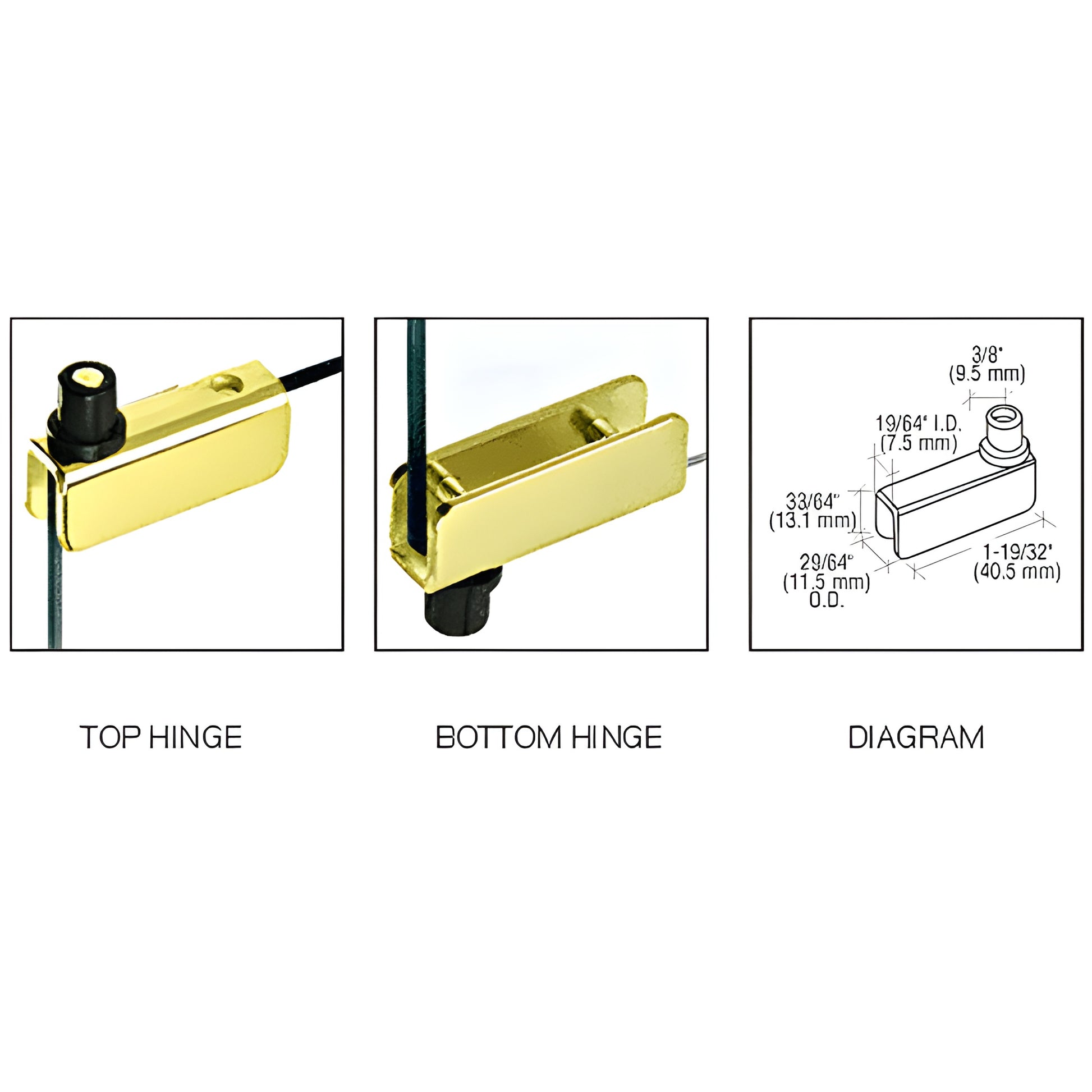 Polished brass top and bottom glass cabinet hinge pair (GDH5BR), fits 5-6mm tempered glass, includes diagram.