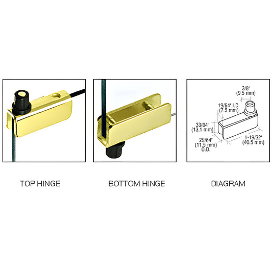 Polished brass top and bottom glass cabinet hinge pair (GDH5BR), fits 5-6mm tempered glass, includes diagram.